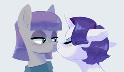 Size: 800x464 | Tagged: safe, artist:kianamai, imported from derpibooru, maud pie, rarity, earth pony, pony, unicorn, kilalaverse ii, alternate hairstyle, blushing, boop, cute, eyes closed, featured image, female, lesbian, mare, maudabetes, nose wrinkle, noseboop, nuzzling, raribetes, rarimaud, shipping, short hair, simple background, smiling, when she smiles, white background