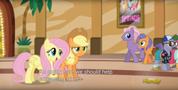 Size: 1920x975 | Tagged: safe, imported from derpibooru, screencap, applejack, britneigh spears, butterscotch sweets, country mile, fluttershy, pony, viva las pegasus, britney spears, meme, youtube caption