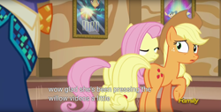 Size: 1920x975 | Tagged: safe, imported from derpibooru, screencap, applejack, fluttershy, gladmane, trapeze star, pony, viva las pegasus, butt, female, mare, meme, plot, youtube caption