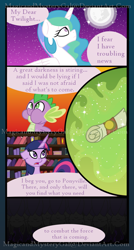 Size: 860x1600 | Tagged: safe, artist:magicandmysterygal, imported from derpibooru, princess celestia, spike, twilight sparkle, comic:long night wild night, comic, night, scroll