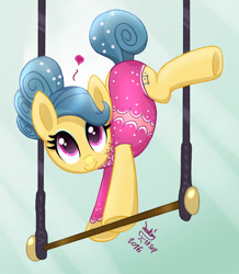 Size: 1310x1500 | Tagged: safe, artist:joakaha, imported from derpibooru, trapeze star, earth pony, pony, viva las pegasus, acrobat, acrobatics, clothes, eyeshadow, female, heart, leotard, makeup, mare, performer, signature, smiling, solo