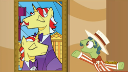 Size: 1027x579 | Tagged: safe, edit, edited screencap, idw, imported from derpibooru, screencap, flam, flim, sideshow slim, earth pony, pony, unicorn, reflections, viva las pegasus, spoiler:comic, background pony, dark mirror universe, flim flam brothers, judges, las pegasus portrait, male, mirror universe, solo, stallion