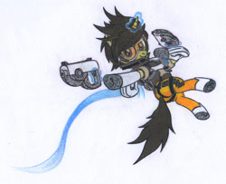 Size: 1957x1592 | Tagged: safe, artist:smcho1014, deleted from derpibooru, imported from derpibooru, pony, unicorn, clothes, colored pencil drawing, crossover, female, glowing horn, goggles, gun, handgun, hooves, horn, levitation, magic, mare, overwatch, pistol, ponified, shoes, solo, telekinesis, tight clothing, tights, tracer, traditional art, weapon