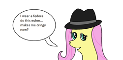 Size: 1575x774 | Tagged: safe, artist:amateur-draw, imported from derpibooru, fluttershy, 1000 hours in ms paint, fedora, hat, looking at you, ms paint, simple background, text