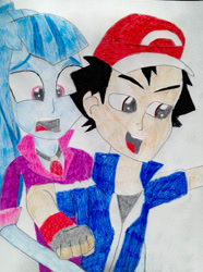 Size: 519x698 | Tagged: safe, artist:hakdurbin, imported from derpibooru, sonata dusk, ash ketchum, crossover, pokémon, traditional art