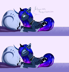 Size: 1280x1342 | Tagged: safe, artist:magnaluna, imported from derpibooru, princess luna, oc, oc:zefiroth, dragon, baby dragon, colored wings, colored wingtips, comic, cute, dragon egg, egg, eyes closed, eyeshadow, fluffy, implied canon x oc, implied shipping, makeup, prone, smiling, spanish, translated in the comments