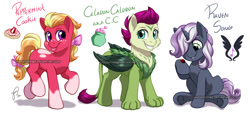 Size: 1372x638 | Tagged: safe, artist:hazurasinner, imported from derpibooru, oc, oc only, oc:celadon cauldron, oc:peppermint cookie, oc:raven song, hippogriff, cutie mark, interspecies offspring, magical lesbian spawn, next generation, offspring, parent:apple bloom, parent:gabby, parent:rumble, parent:scootaloo, parent:sweetie belle, parent:tender taps, parents:rumbelle, parents:tenderbloom