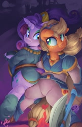 Size: 719x1111 | Tagged: safe, artist:aquaticsun, imported from derpibooru, applejack, rarity, pony, axe, commission, crossover, female, fire emblem, lesbian, mare, rarijack, shipping, weapon