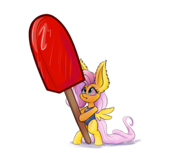 Size: 1280x1138 | Tagged: safe, artist:heir-of-rick, imported from derpibooru, fluttershy, pony, bipedal, clothes, cute, female, food, impossibly large ears, one-piece swimsuit, popsicle, shyabetes, solo, swimsuit