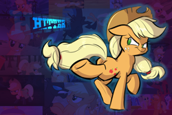 Size: 1280x853 | Tagged: safe, artist:heir-of-rick, imported from derpibooru, part of a set, applejack, bucking, female, leverage, looking back, solo, underhoof