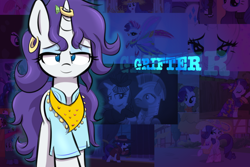 Size: 1280x853 | Tagged: safe, artist:heir-of-rick, imported from derpibooru, part of a set, rarity, bandana, clothes, ear piercing, earring, female, horn ring, impossibly large ears, jewelry, leverage, lidded eyes, piercing, shirt, solo