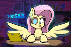 Size: 1280x853 | Tagged: safe, artist:heir-of-rick, imported from derpibooru, part of a set, fluttershy, female, impossibly large ears, leverage, magnifying glass, solo, tongue out