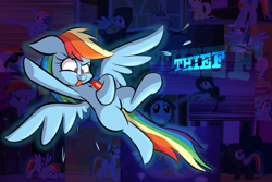 Size: 1280x853 | Tagged: safe, artist:heir-of-rick, imported from derpibooru, part of a set, rainbow dash, female, flying, gem, jewel, leverage, solo, stealing, tongue out