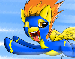 Size: 3300x2600 | Tagged: safe, artist:azerta56, imported from derpibooru, spitfire, clothes, drool, flying, human teeth, mawshot, one eye closed, open mouth, tongue out, uvula, wonderbolts uniform