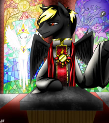 Size: 800x900 | Tagged: safe, artist:animecreator, edit, imported from derpibooru, princess celestia, oc, oc:valantis, alicorn, pegasus, pony, church, male, praise the sun, priest, solo, stallion