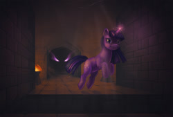 Size: 1000x675 | Tagged: safe, artist:elunian, imported from derpibooru, twilight sparkle, pony, unicorn, bottomless pit, chase, dungeon, eye mist, fan game, glowing eyes, leaping, magic, not king sombra, not sombra, not umbrum, scared, shadow creature, teleportation, torch, twilight escape, twilight's escape, unicorn twilight