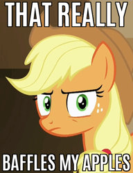 Size: 368x480 | Tagged: safe, edit, edited screencap, imported from derpibooru, screencap, applejack, viva las pegasus, caption, female, image macro, looking at you, meme, reaction image, rustled my jimmies, solo, text, that x's applejack's y