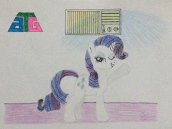 Size: 1024x768 | Tagged: safe, artist:don2602, imported from derpibooru, rarity, unicorn, air conditioner, female, newbie artist training grounds, one eye closed, smiling, solo, traditional art, wink