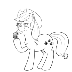 Size: 1000x1000 | Tagged: safe, artist:yakoshi, imported from derpibooru, applejack, apple, female, food, monochrome, newbie artist training grounds, solo