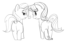 Size: 1280x837 | Tagged: safe, artist:pabbley, imported from derpibooru, starlight glimmer, trixie, pony, unicorn, butt, dock, female, looking back, mare, monochrome, plot, underhoof