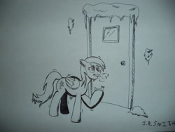 Size: 4608x3456 | Tagged: safe, artist:gogglespizano, imported from derpibooru, derpy hooves, pegasus, pony, absurd resolution, atg 2016, female, mare, monochrome, newbie artist training grounds, pen drawing, pencil drawing, snow, solo, traditional art