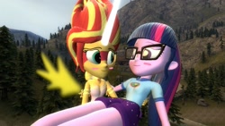 Size: 1360x768 | Tagged: safe, artist:mk513, imported from derpibooru, sci-twi, sunset shimmer, twilight sparkle, equestria girls, friendship games, legend of everfree, 3d, blushing, camping outfit, daydream shimmer, female, forest, glasses, gmod, lesbian, scitwishimmer, shipping, sunsetsparkle