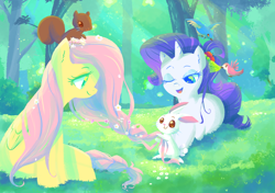 Size: 1280x902 | Tagged: safe, artist:kelsea-chan, imported from derpibooru, angel bunny, rarity, bird, squirrel, braid, crepuscular rays, duo, flower, flower in hair, forest, one eye closed, prone, sitting, wink