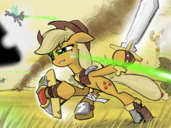 Size: 2048x1536 | Tagged: safe, artist:qzygugu, imported from derpibooru, part of a set, applejack, changeling, armor, bandage, fight, frown, hoof hold, shield, squint, sword, weapon