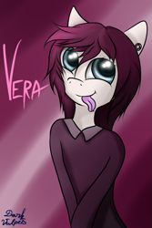 Size: 683x1024 | Tagged: safe, artist:darkvulpes, imported from derpibooru, oc, oc only, oc:vera aloe, anthro, anthro oc, ear piercing, female, piercing, smiling, solo, split tongue, tongue out