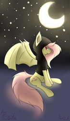 Size: 1400x2400 | Tagged: safe, artist:darkvulpes, imported from derpibooru, fluttershy, bat pony, pony, clothes, crescent moon, female, flutterbat, hoodie, looking at you, moon, night, race swap, solo