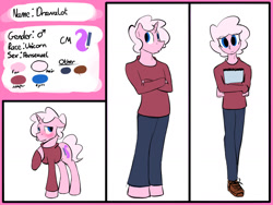 Size: 1600x1200 | Tagged: safe, artist:timidwithapen, imported from derpibooru, oc, oc only, oc:drawalot, anthro, unicorn, equestria girls, clothes, equestria girls-ified, jumper, reference sheet