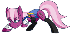 Size: 1024x489 | Tagged: safe, artist:themechagiraffe, idw, imported from derpibooru, cherry blossom (idw), alternate clothes, alternate costumes, boots, cherry blossom (g4), elbow pads, grin, leotard, smiling, smirk, solo, spandex, tape