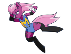 Size: 2600x2000 | Tagged: safe, alternate version, artist:themechagiraffe, idw, imported from derpibooru, cherry blossom (idw), alternate clothes, alternate costumes, boots, both cutie marks, cherry blossom (g4), elbow drop, elbow pads, leotard, solo, spandex, tape