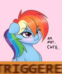 Size: 1000x1200 | Tagged: safe, artist:elzzombie, imported from derpibooru, rainbow dash, pegasus, pony, :t, animated, blatant lies, blushing, cute, dashabetes, extreme speed animation, female, floppy ears, gif, glare, i'm not cute, looking at you, meme, pink background, scrunchy face, seizure warning, simple background, solo, triggered, vibrating, x intensifies