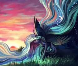 Size: 800x671 | Tagged: safe, artist:dearmary, imported from derpibooru, princess luna, eyes closed, female, impossibly large mane, impossibly long hair, night, solo, spread wings, stars, sunset, twilight (astronomy)