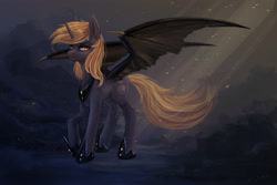 Size: 3000x1999 | Tagged: safe, artist:fly-gray, imported from derpibooru, derpy hooves, alicorn, bat pony, bat pony alicorn, pony, alicornified, alternate cutie mark, bat wings, crepuscular rays, epic derpy, female, nightmare derpy, race swap, solo, spread wings, windswept mane