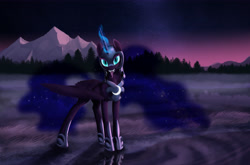 Size: 6807x4480 | Tagged: safe, artist:lunebat, imported from derpibooru, nightmare moon, absurd resolution, armor, fangs, female, fog, forest, glowing horn, lake, long tongue, magic, mountain, solo, tongue out, twilight (astronomy), water
