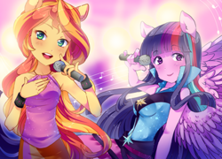 Size: 400x288 | Tagged: safe, artist:loyaldis, imported from derpibooru, sunset shimmer, twilight sparkle, equestria girls, rainbow rocks, duo, ponied up, singing, twilight sparkle (alicorn)