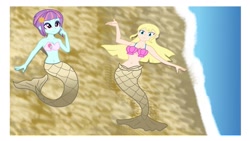 Size: 1191x670 | Tagged: safe, artist:lifes-remedy, artist:remcmaximus, imported from derpibooru, sunny flare, oc, oc:cassandra, mermaid, siren, equestria girls, bandeau, beach, belly button, breasts, cleavage, female, midriff, sand, seashell