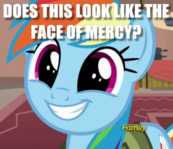 Size: 562x484 | Tagged: safe, edit, edited screencap, imported from derpibooru, screencap, rainbow dash, stranger than fan fiction, caption, discovery family logo, face of mercy, faic, female, image macro, meme, solo, wide eyes