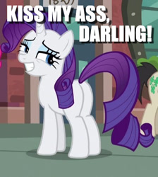 Size: 439x489 | Tagged: safe, edit, edited screencap, imported from derpibooru, screencap, rarity, butt, caption, female, image macro, kiss my ass, meme, plot, smug, solo, vulgar