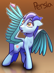 Size: 2048x2732 | Tagged: safe, artist:autello, imported from derpibooru, oc, oc only, oc:persia, bird, pegasus, pony, female, floppy ears, gradient background, large wings, mare, muscles, open mouth, reflection, solo, spread wings