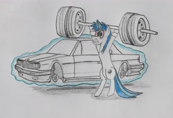 Size: 4424x3020 | Tagged: safe, artist:bumskuchen, imported from derpibooru, oc, oc only, car, levitation, magic, newbie artist training grounds, ponysona, solo, telekinesis, traditional art, weights