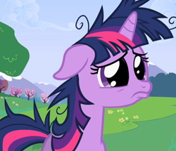 Size: 412x355 | Tagged: safe, imported from derpibooru, screencap, twilight sparkle, pony, lesson zero, big eyes, cropped, dilated pupils, female, frown, mare, messy mane, ruffled hair, sad, solo, twilight snapple