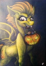 Size: 1883x2656 | Tagged: safe, artist:lupiarts, imported from derpibooru, spitfire, bat pony, pony, fangs, female, halloween, jack-o-lantern, mouth hold, pumpkin bucket, solo, spitbat