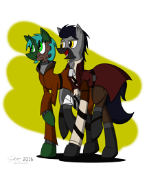 Size: 3700x4266 | Tagged: safe, artist:derpanater, imported from derpibooru, oc, oc only, oc:bountiful heart, oc:jumping jack, earth pony, pony, unicorn, fallout equestria, absurd resolution, bandage, beard, boots, clothes, coat, commission, digital art, dog tags, duo, eyeroll, facial hair, jacket, scar, scarred, shading, signature, simple background, smiling, sweater, walking