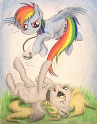 Size: 1060x1356 | Tagged: safe, artist:thefriendlyelephant, imported from derpibooru, derpy hooves, rainbow dash, 2tailedderpy is trying to murder us, behaving like a cat, bells, collar, commission, cute, dashabetes, derpabetes, filly, grass, thefriendlyelephant is trying to murder us, traditional art