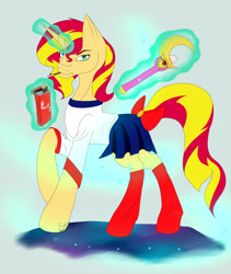 Size: 2109x2498 | Tagged: safe, artist:twigpony, imported from derpibooru, sunset shimmer, pony, unicorn, equestria girls, anime, clothes, crossover, eating, female, magic, magic wand, pleated skirt, pocky, raised hoof, sailor moon, skirt, snack, solo