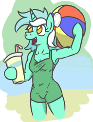 Size: 459x600 | Tagged: safe, artist:jargon scott, imported from derpibooru, lyra heartstrings, anthro, unguligrade anthro, arm hooves, armpits, beach, beach ball, clothes, one-piece swimsuit, swimsuit