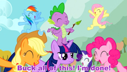 Size: 925x520 | Tagged: safe, edit, edited screencap, imported from derpibooru, screencap, applejack, fluttershy, pinkie pie, rainbow dash, rarity, spike, twilight sparkle, fall weather friends, caption, grumpy, grumpy twilight, image macro, mane six, meme, purple text